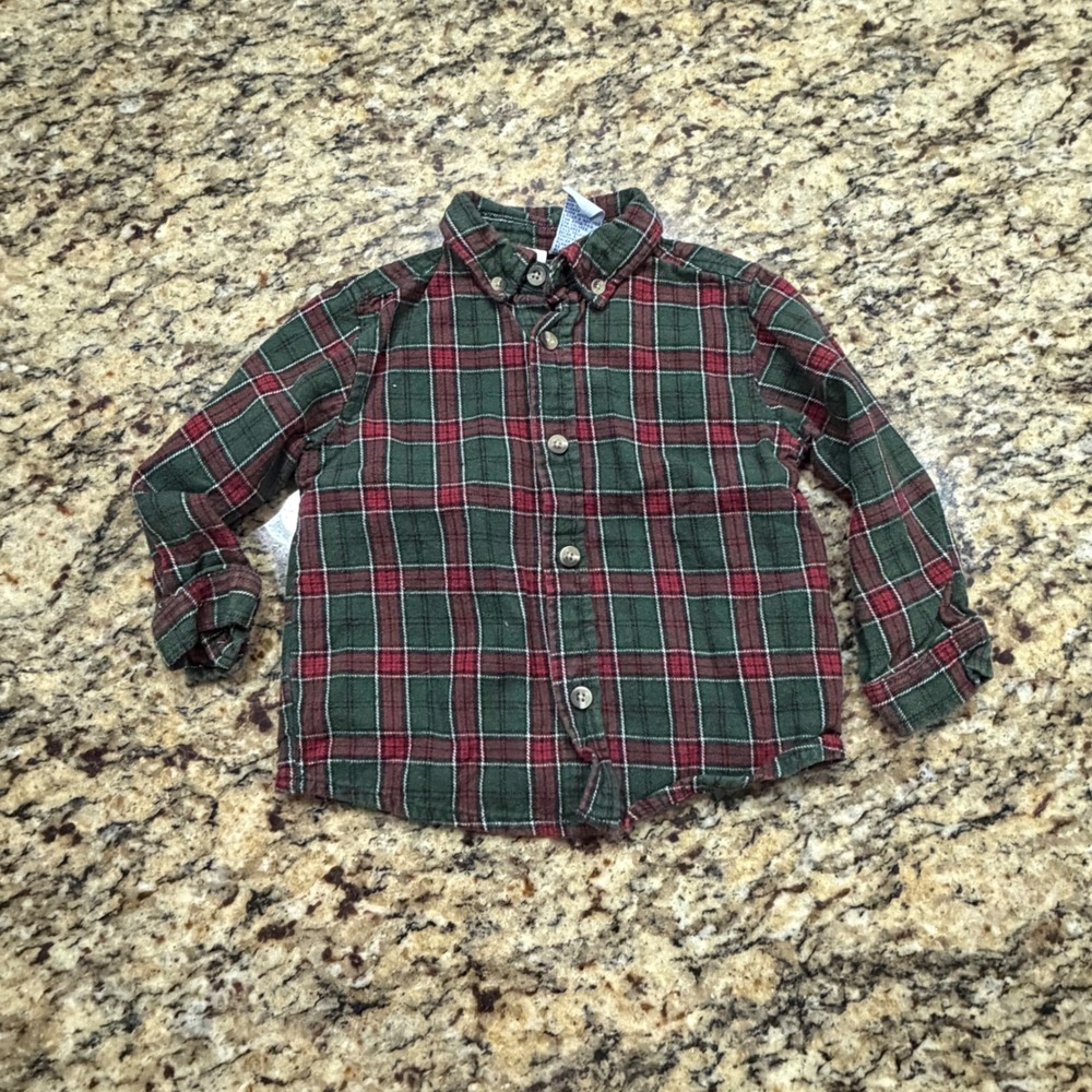 Vintage‎ Miniwear Toddler Boys Green Red Plaid Flannel Button Down Shirt 24M
